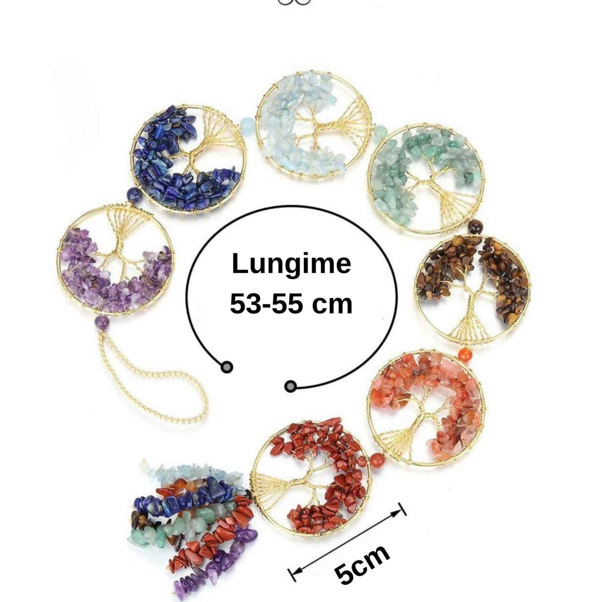 Ornament de agatat cu 7 chakre reprezentate cu arborele vietii lucrat manual cu pietre semipretioase si cristale vindecatoare - Ornament de meditatie, decor feng shui pentru casa, birou, masina