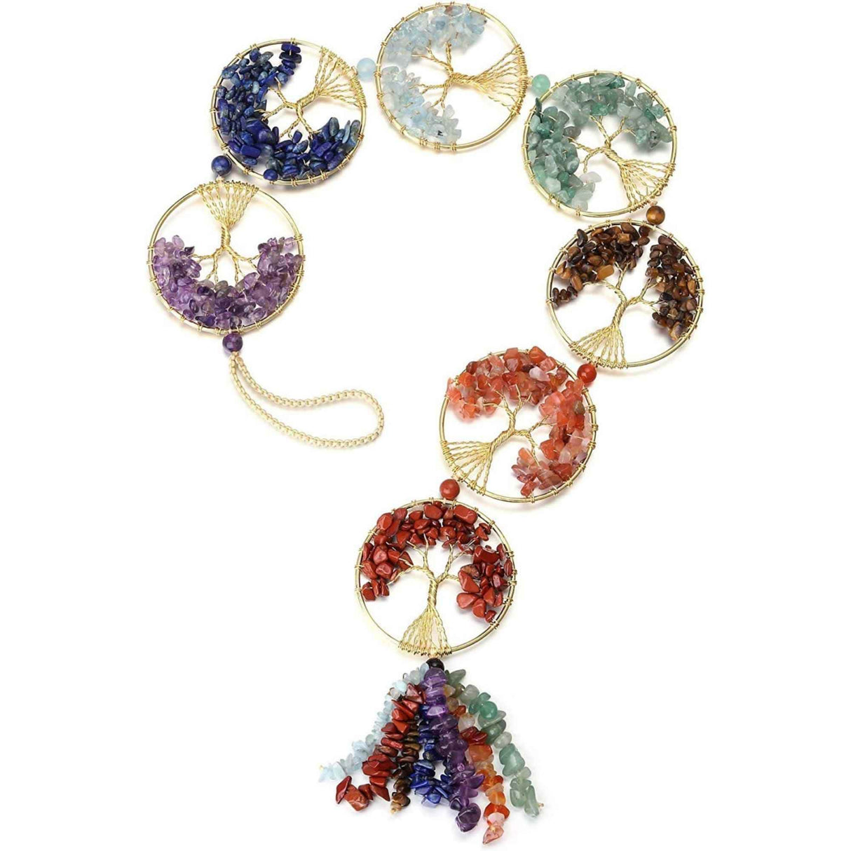 Set coliere ce contine 7 cristale naturale chakre si doua lanturi de franghie reglabile, realizate manual de diferite dimensiuni, un cadou ideal pentru femei, barbati si copii