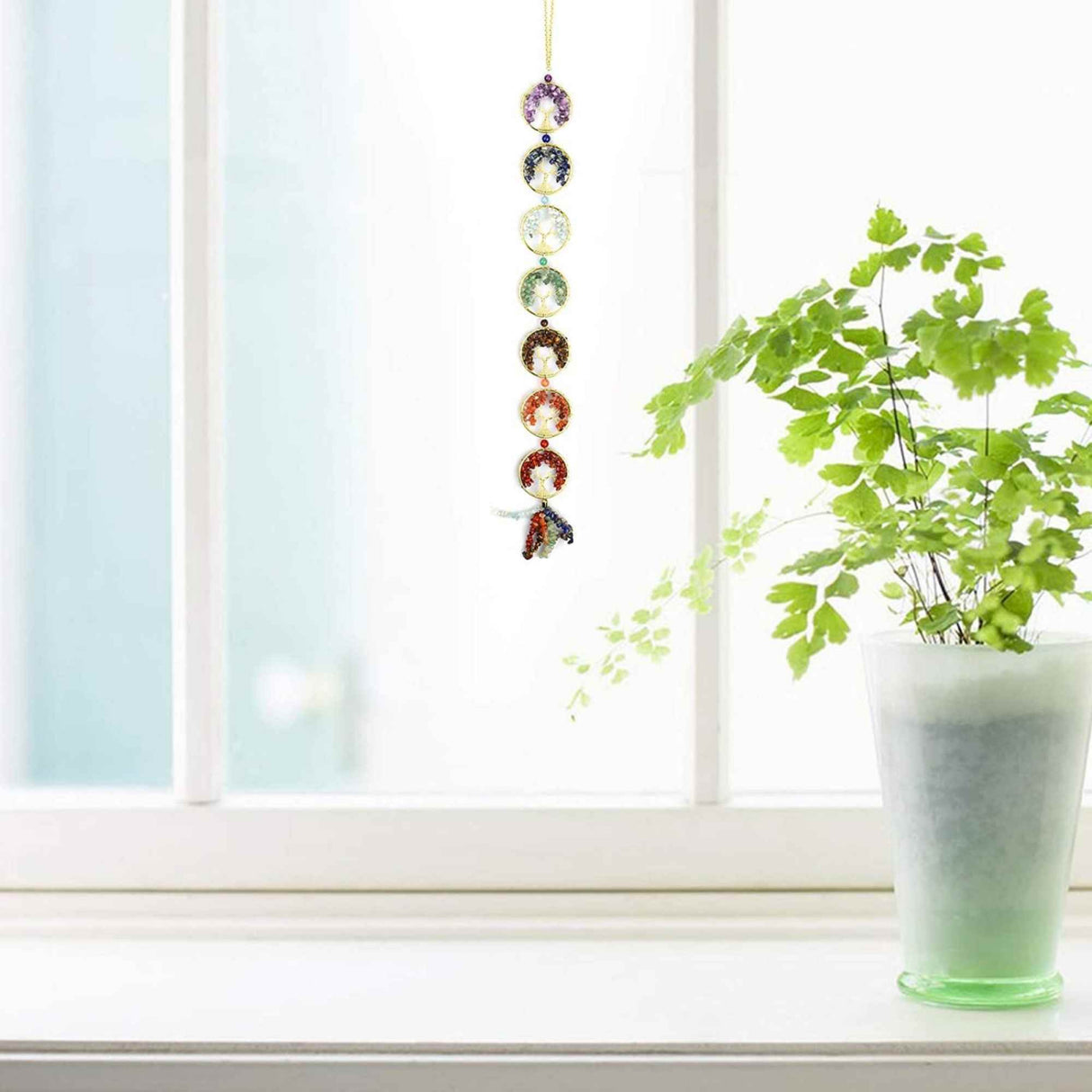 Ornament de agatat cu 7 chakre reprezentate cu arborele vietii lucrat manual cu pietre semipretioase si cristale vindecatoare - Ornament de meditatie, decor feng shui pentru casa, birou, masina