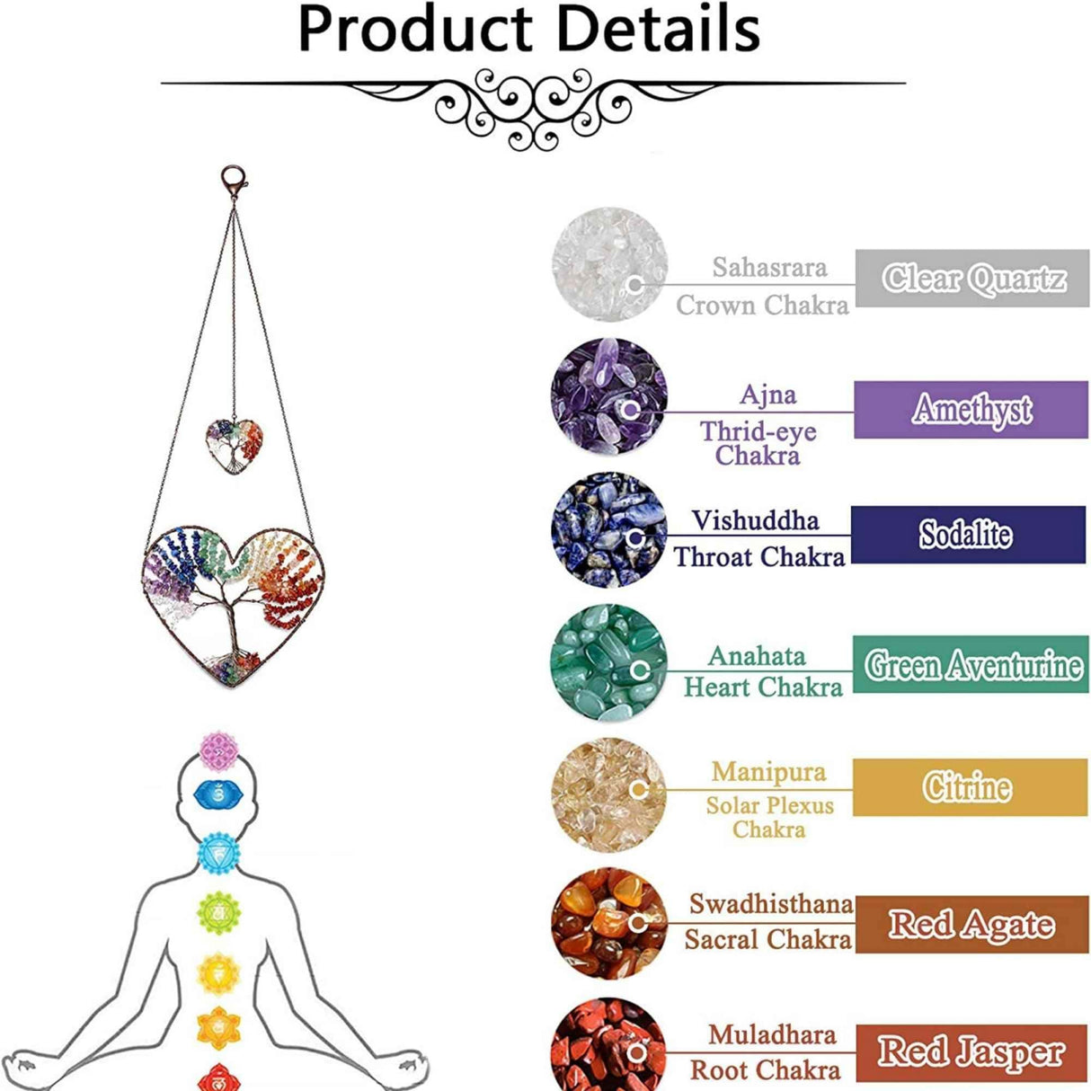 Ornament de agatat model arborele vietii in forma de inima - Realizat manual cu pietre semipretioase si cristale vindecatoare a celor 7 chakre