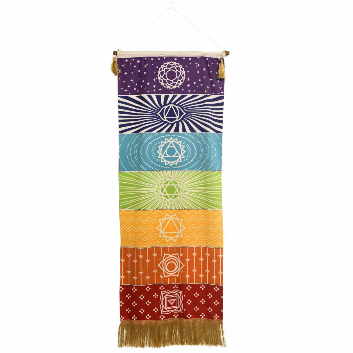 Tapiserie Chakra pentru Meditatie si Yoga cu Franjuri - Design 7 chakre, 104 x 35 cm - Decor pentru Pereti si Spatii Spirituale