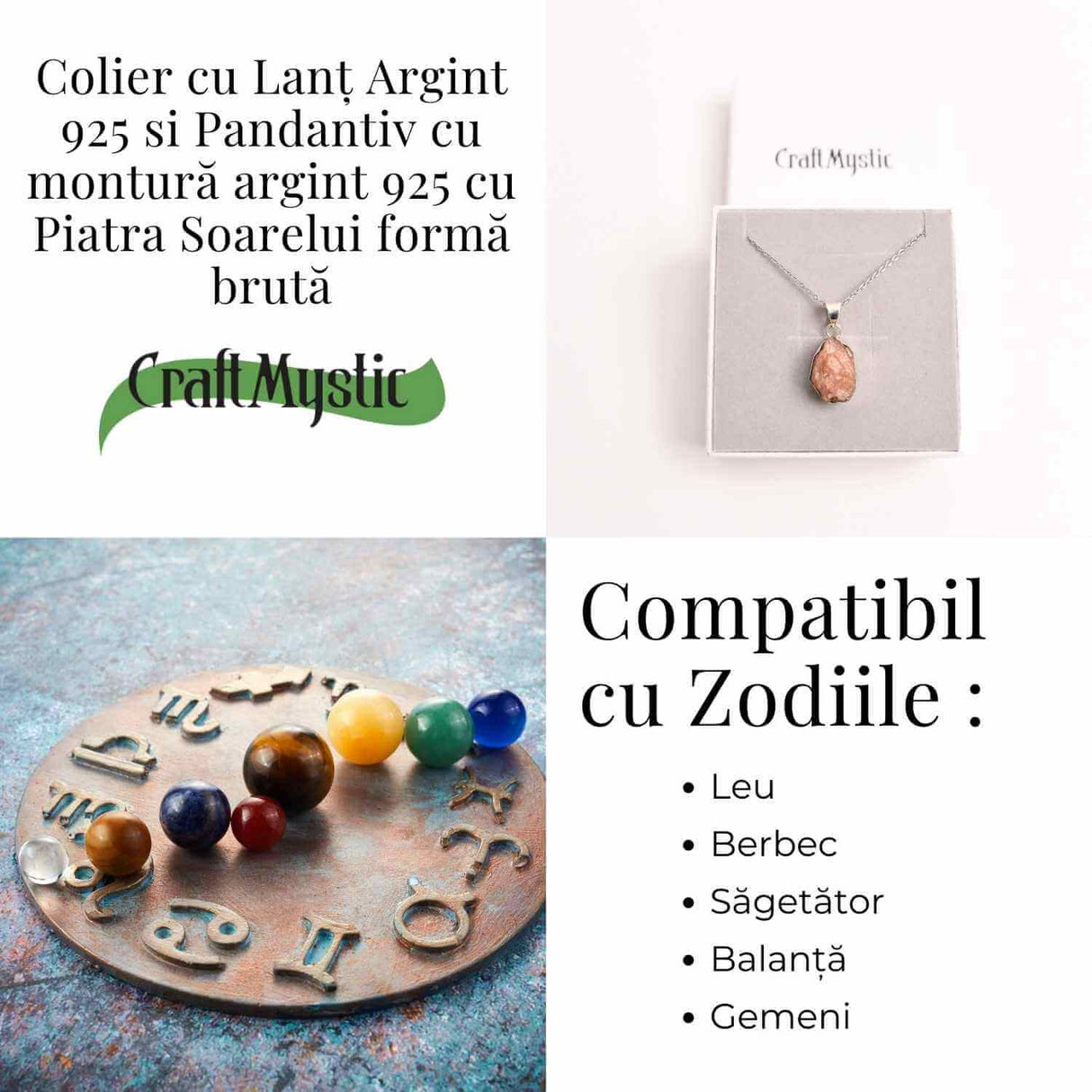 Colier Argint 925 cu Piatra Soarelui Brut - Energie Pozitiva