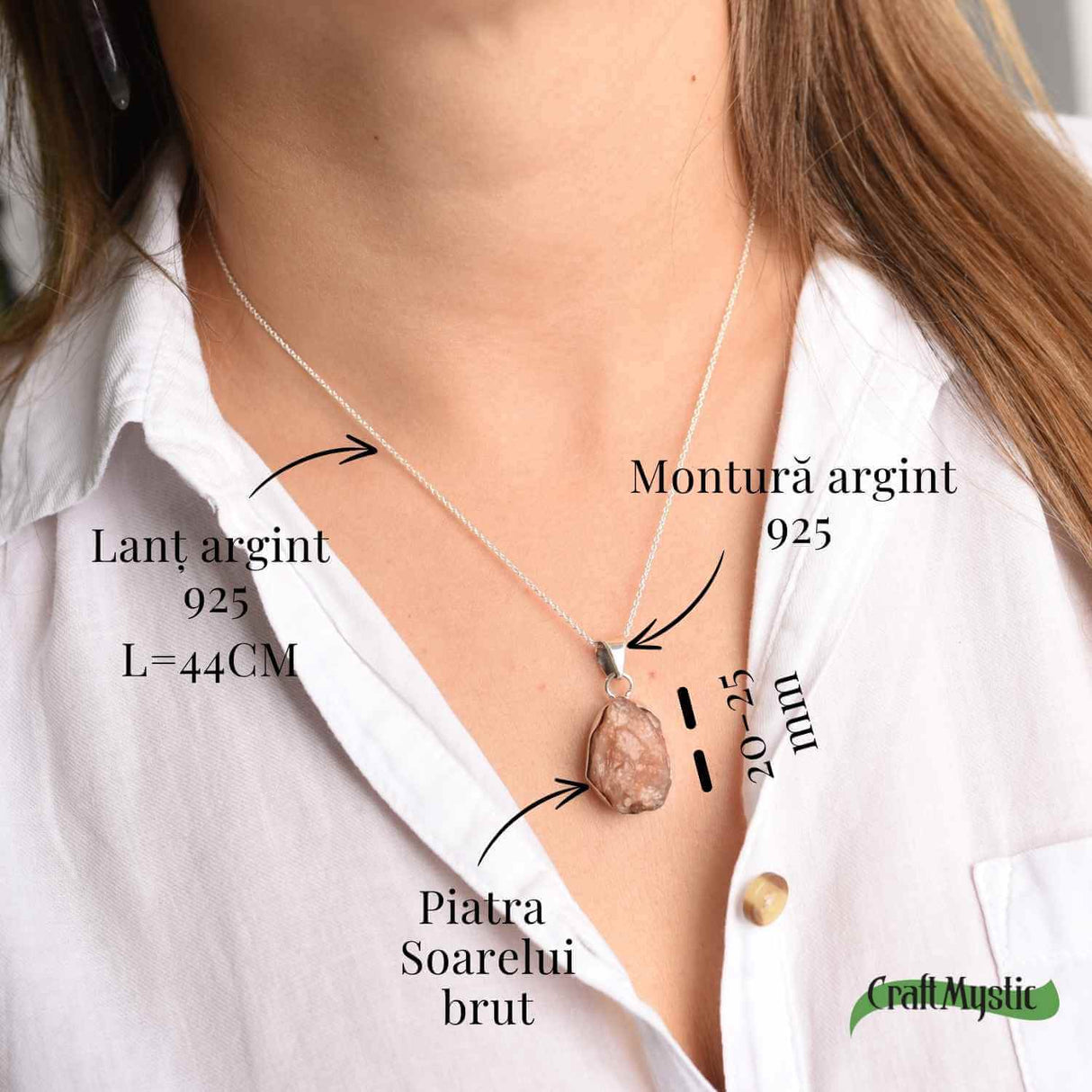Colier Argint 925 cu Piatra Soarelui Brut - Energie Pozitiva