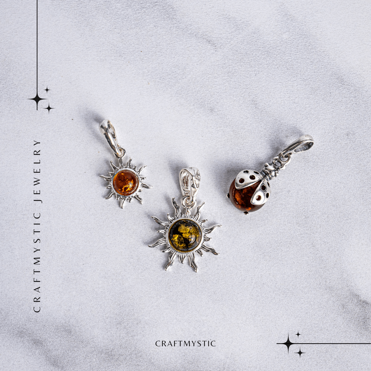 Bijuterie montura argint 925 cu vibe pozitiv – Colier Buburuza norocoasa si chihlimbar natural