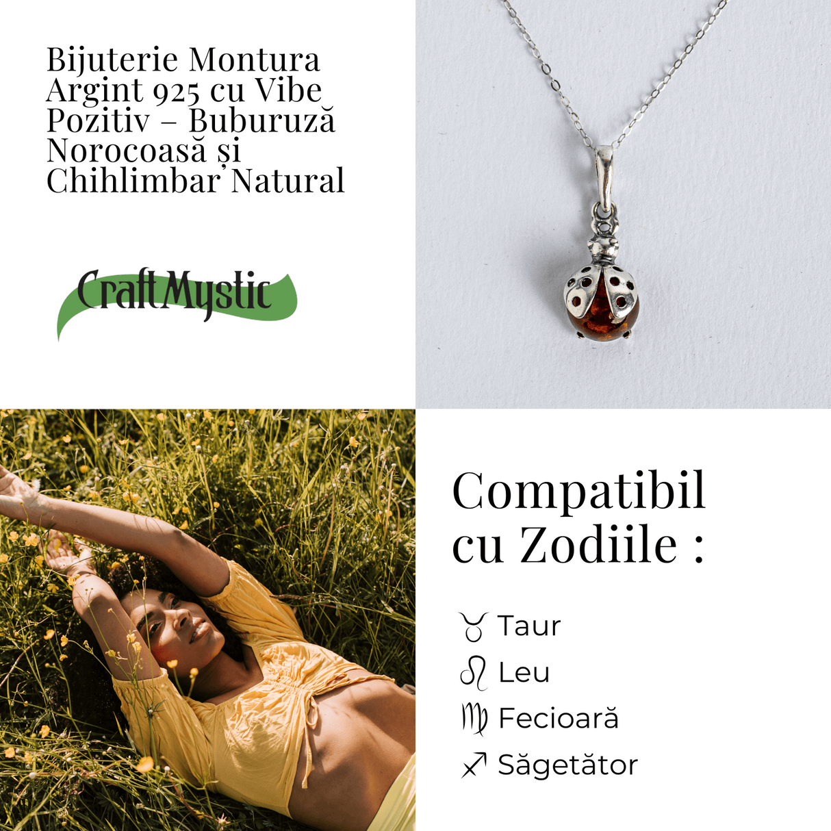 Bijuterie montura argint 925 cu vibe pozitiv – Colier Buburuza norocoasa si chihlimbar natural