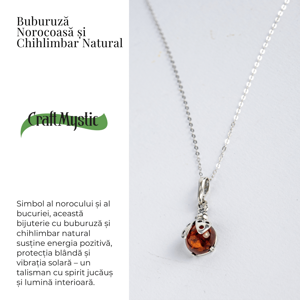 Bijuterie montura argint 925 cu vibe pozitiv – Colier Buburuza norocoasa si chihlimbar natural