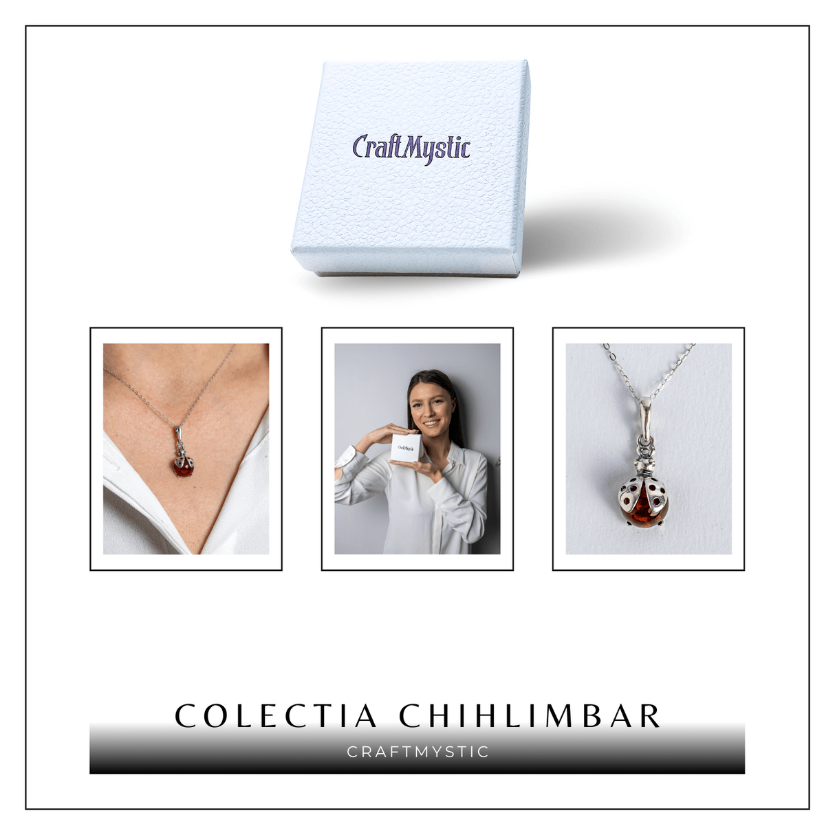 Bijuterie montura argint 925 cu vibe pozitiv – Colier Buburuza norocoasa si chihlimbar natural