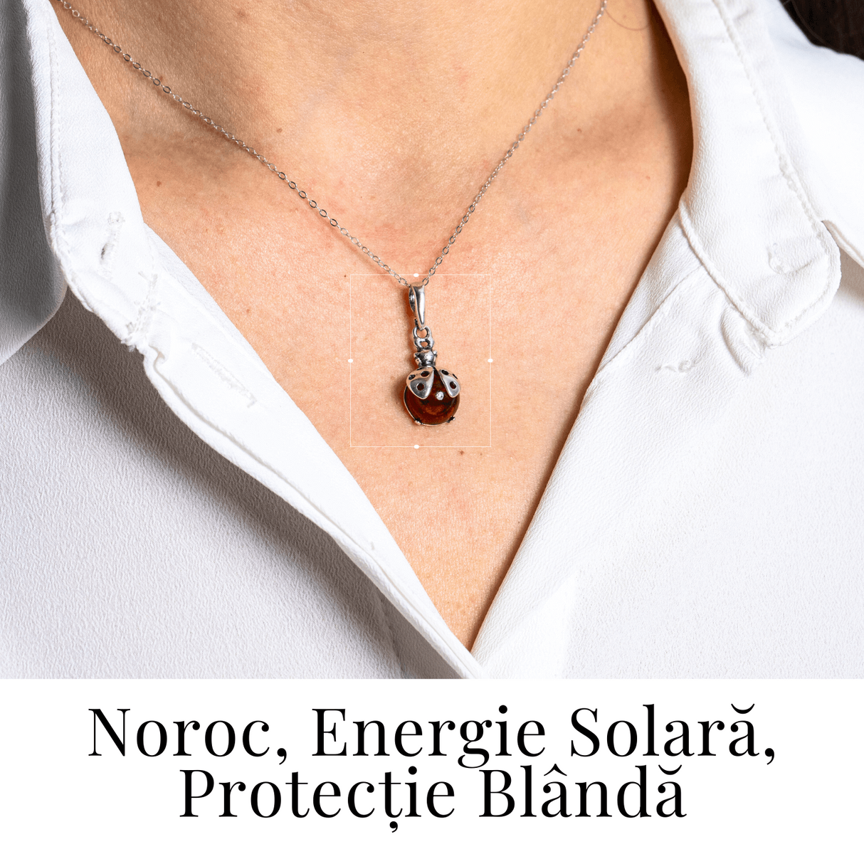 Bijuterie montura argint 925 cu vibe pozitiv – Colier Buburuza norocoasa si chihlimbar natural