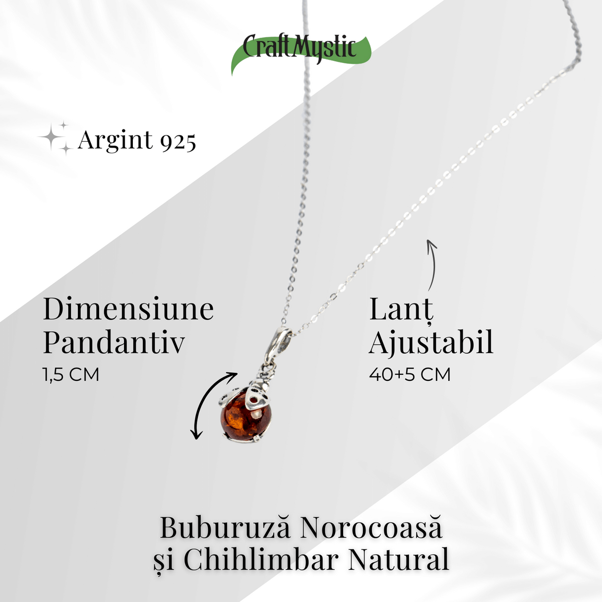 Bijuterie montura argint 925 cu vibe pozitiv – Colier Buburuza norocoasa si chihlimbar natural