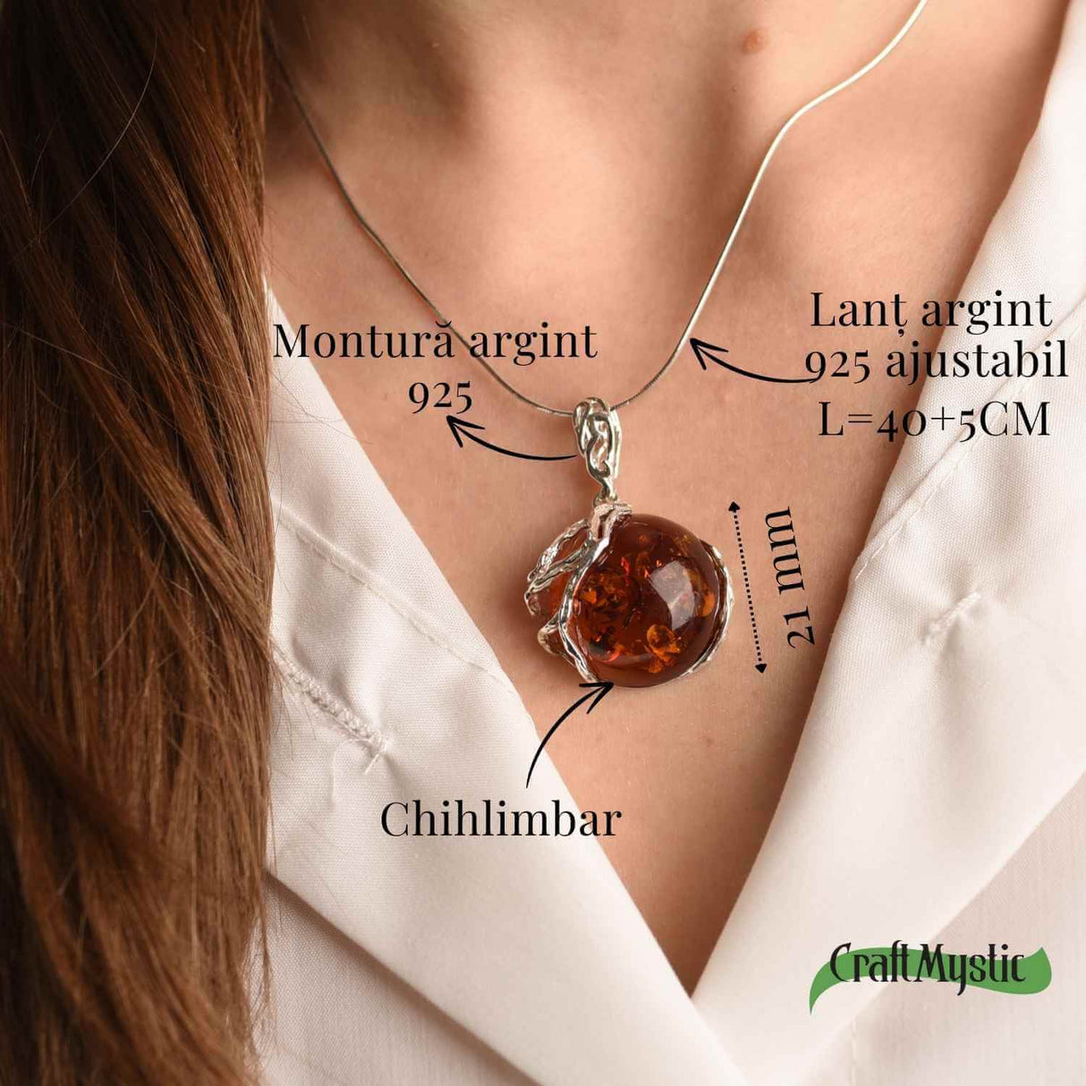 Colier argint 925 cu chihlimbar natural - design rotund elegant