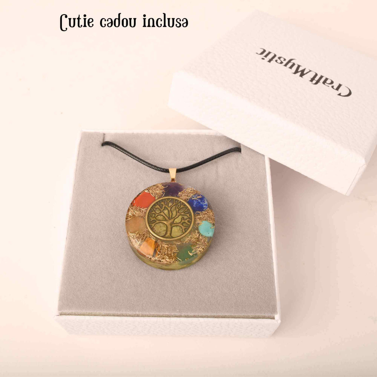 Colier cu pandantiv 35mm cu energie Orgonica cu Arborele Vietii cuprat si pietre naturale pentru cele sapte chakre