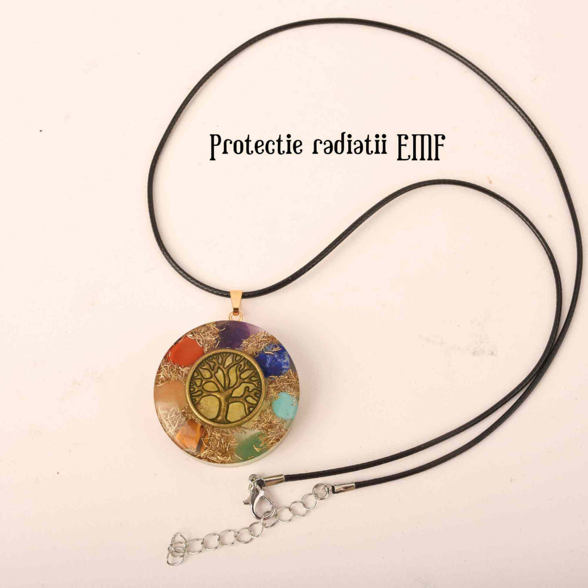 Colier cu pandantiv 35mm cu energie Orgonica cu Arborele Vietii cuprat si pietre naturale pentru cele sapte chakre