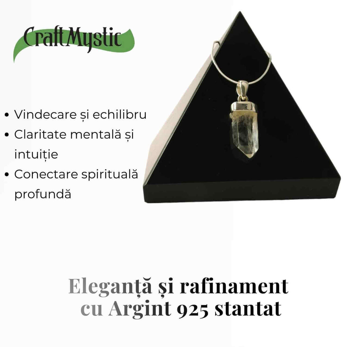 Colier argint 925 cu varf cuart lemurian natural, unic si energizant