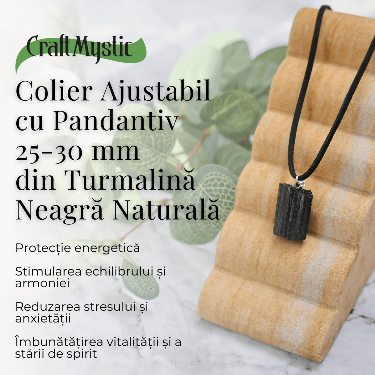 Colier Ajustabil cu Pandantiv din Turmalina Neagra Naturala 25-30mm