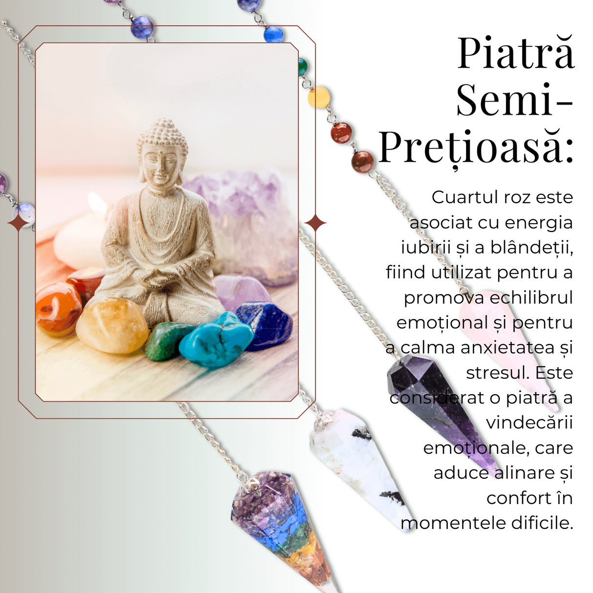 Pendul radiestezie din Cuart Roz cu 7 Margele Chakre pentru Vindecare