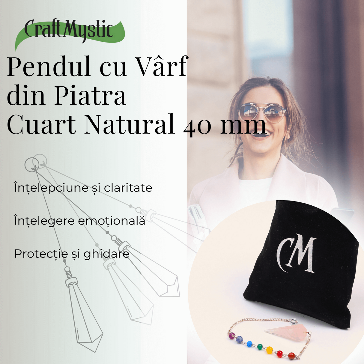 Pendul radiestezie din Cuart Roz cu 7 Margele Chakre pentru Vindecare
