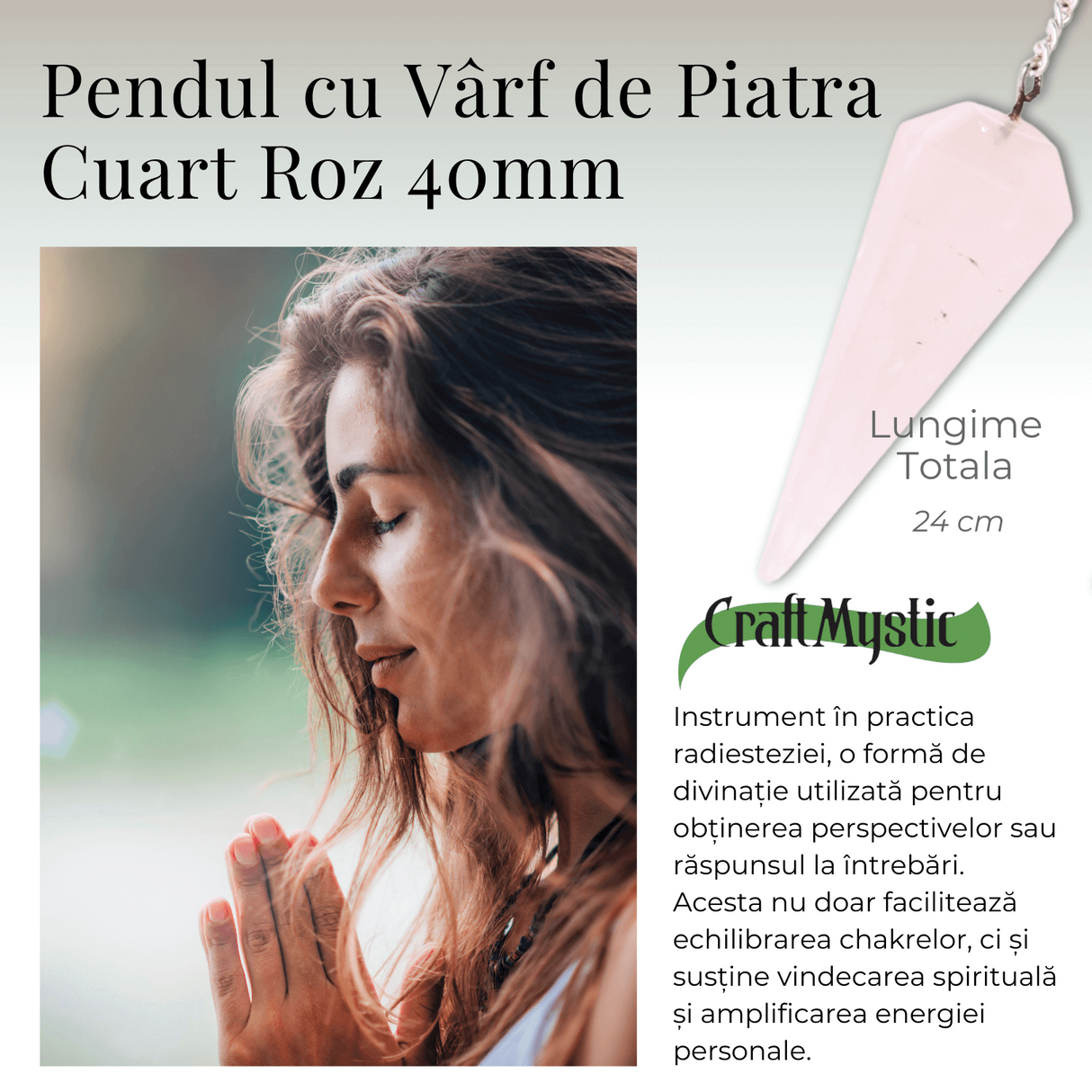 Pendul radiestezie din Cuart Roz cu 7 Margele Chakre pentru Vindecare