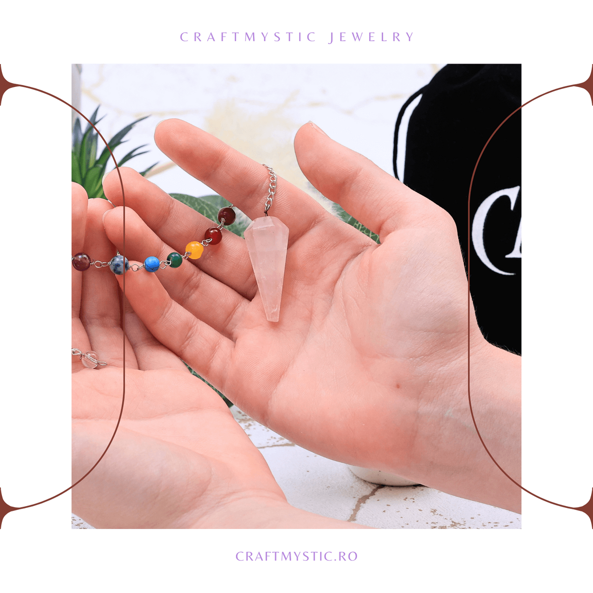 Pendul radiestezie din Cuart Roz cu 7 Margele Chakre pentru Vindecare