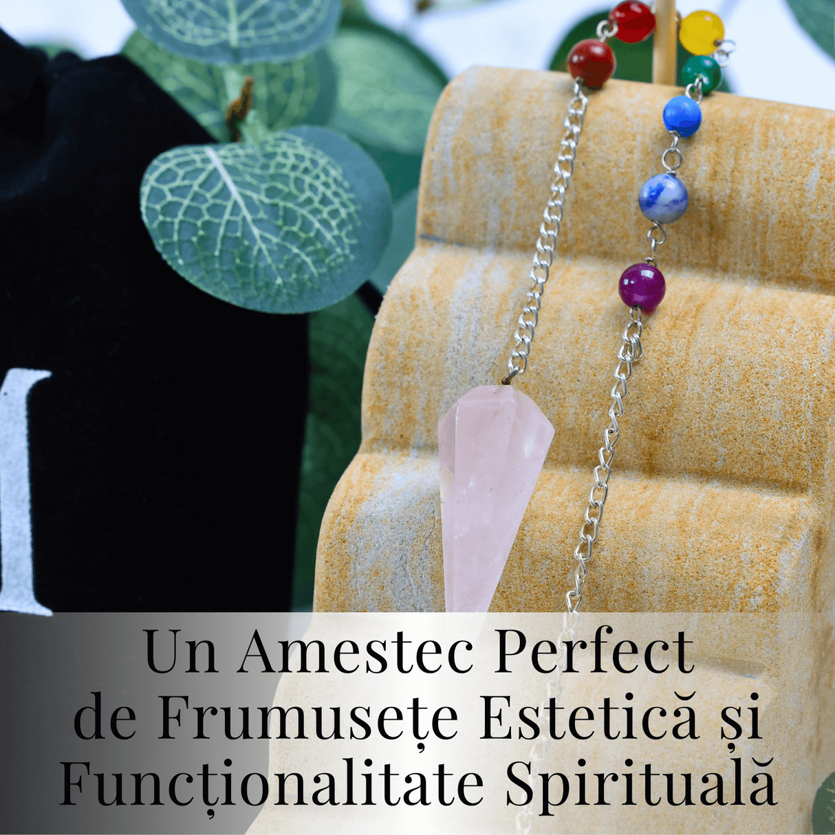 Pendul radiestezie din Cuart Roz cu 7 Margele Chakre pentru Vindecare