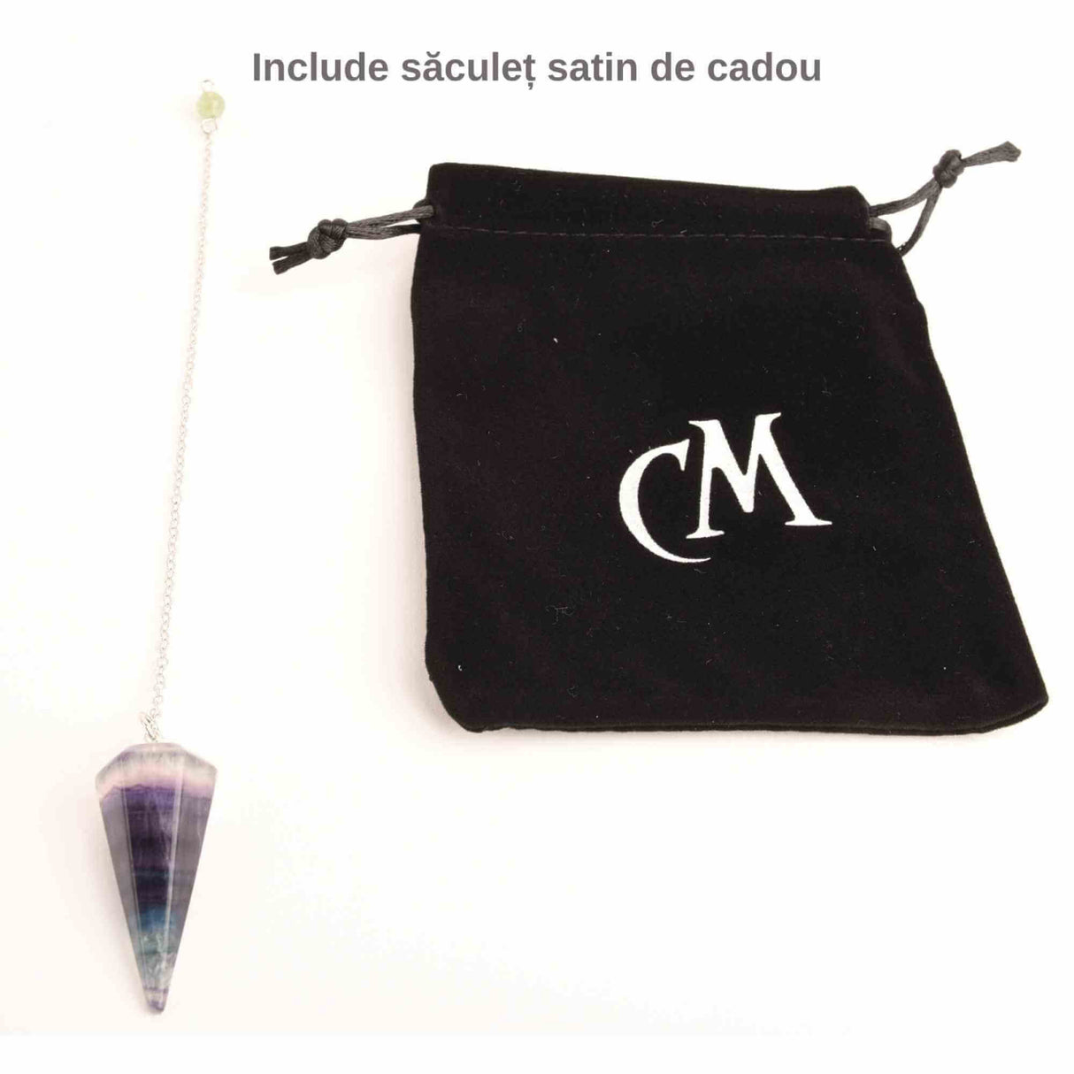 Pendul radiestezie Fluorit violet si saculet satin de catifea