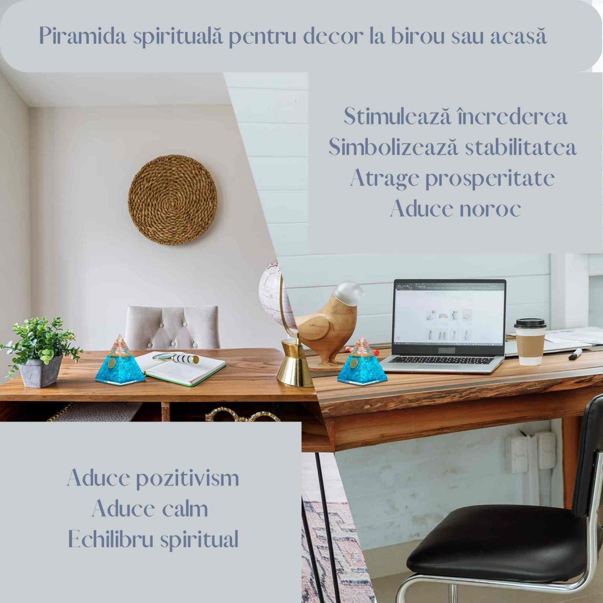 Piramida Orgonica cu cristal Acvamarin si simbolul floarea vietii 8 cm – pentru energie pozitiva, curaj, eliminarea fricii si a stresului