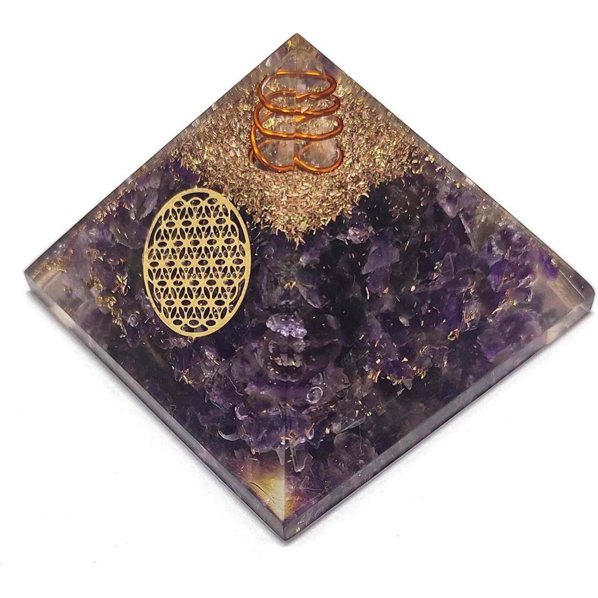 Piramida Orgonica cu cristal Ametist si simbolul floarea vietii 8 cm – Pentru energie, vindecarea reiki, echilibrarea chakrelor