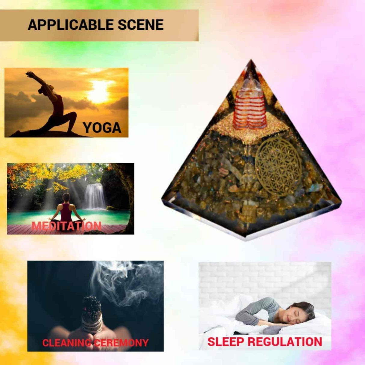 Piramida Orgonica cu cristale Labradorit si simbolul floarea vietii 8 cm – pentru dezvoltare spirituala si emotionala