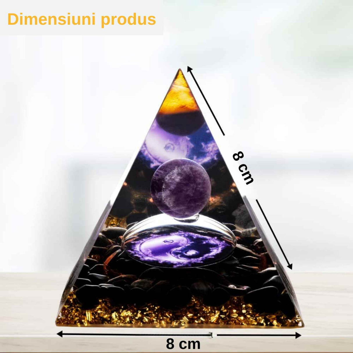 Piramida Orgonica cu cristale vindecatoare de Ametist, Obsidian, foita aurie, rasina naturala si sfera din cristal ametist 8 cm – pentru energie pozitiva si reducerea stresului