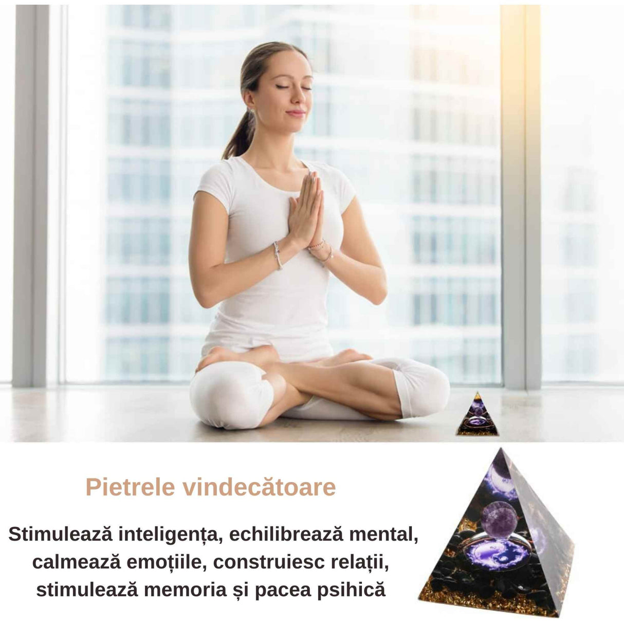 Piramida Orgonica cu cristale vindecatoare de Ametist, Obsidian, foita aurie, rasina naturala si sfera din cristal ametist 8 cm – pentru energie pozitiva si reducerea stresului