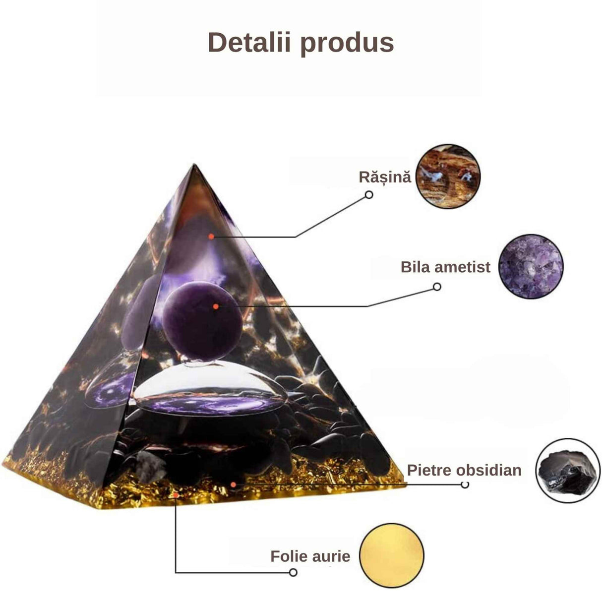 Piramida Orgonica cu cristale vindecatoare de Ametist, Obsidian, foita aurie, rasina naturala si sfera din cristal ametist 8 cm – pentru energie pozitiva si reducerea stresului