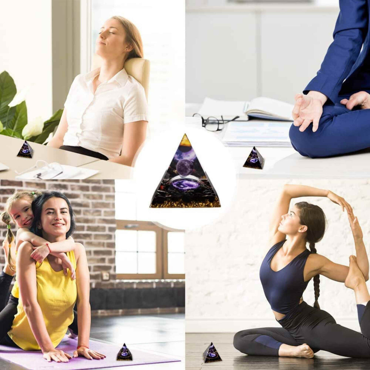 Piramida Orgonica cu cristale vindecatoare de Ametist, Obsidian, foita aurie, rasina naturala si sfera din cristal ametist 8 cm – pentru energie pozitiva si reducerea stresului