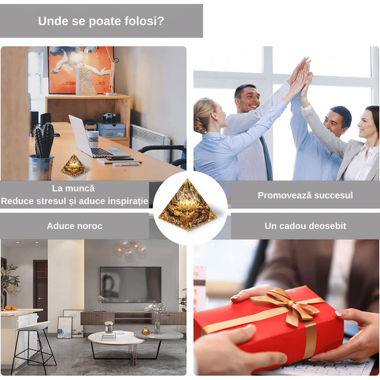 Piramida Orgonica cu cristale vindecatoare Ochi de Tigru, floare de lotus si sfera din cristal transparent 8 cm – Promoveaza bogatia, prosperitatea si atrage succesul