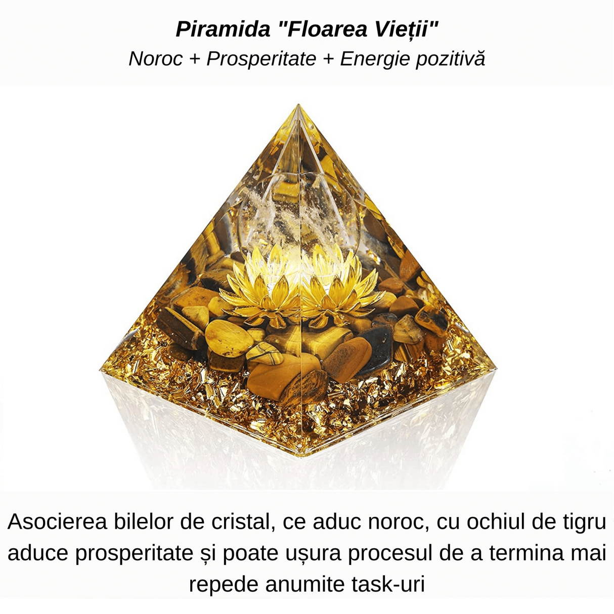 Piramida Orgonica cu cristale vindecatoare Ochi de Tigru, floare de lotus si sfera din cristal transparent 8 cm – Promoveaza bogatia, prosperitatea si atrage succesul