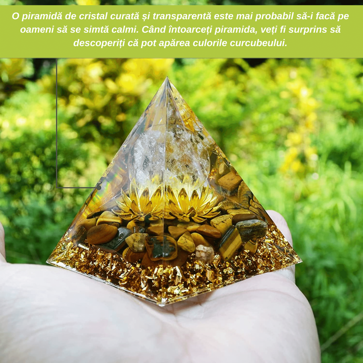 Piramida Orgonica cu cristale vindecatoare Ochi de Tigru, floare de lotus si sfera din cristal transparent 8 cm – Promoveaza bogatia, prosperitatea si atrage succesul