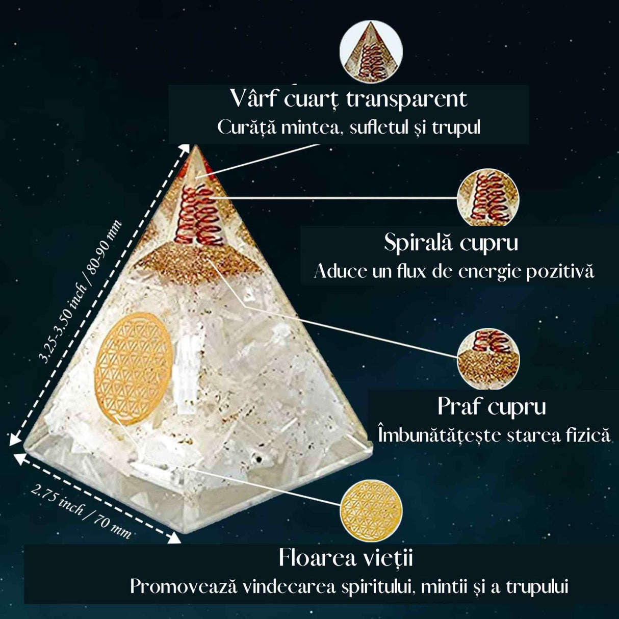 Piramida orgonica cu selenit si simbolul floarea vietii 8 cm – pentru curatarea energiei negative, pace, calm si energie pozitiva