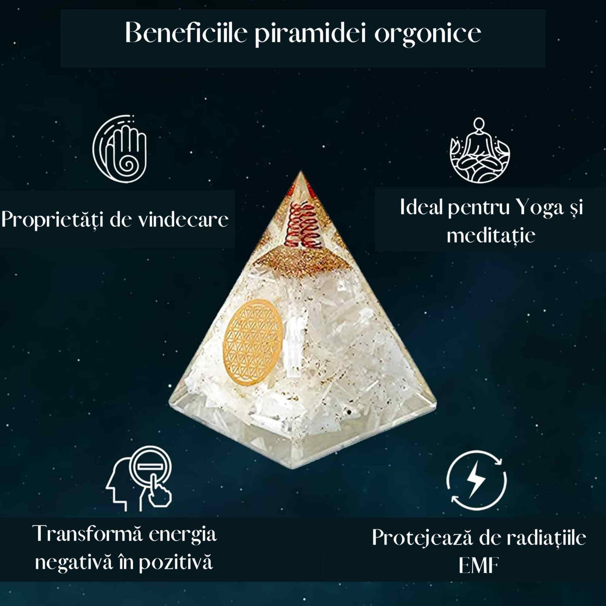Piramida orgonica cu selenit si simbolul floarea vietii 8 cm – pentru curatarea energiei negative, pace, calm si energie pozitiva