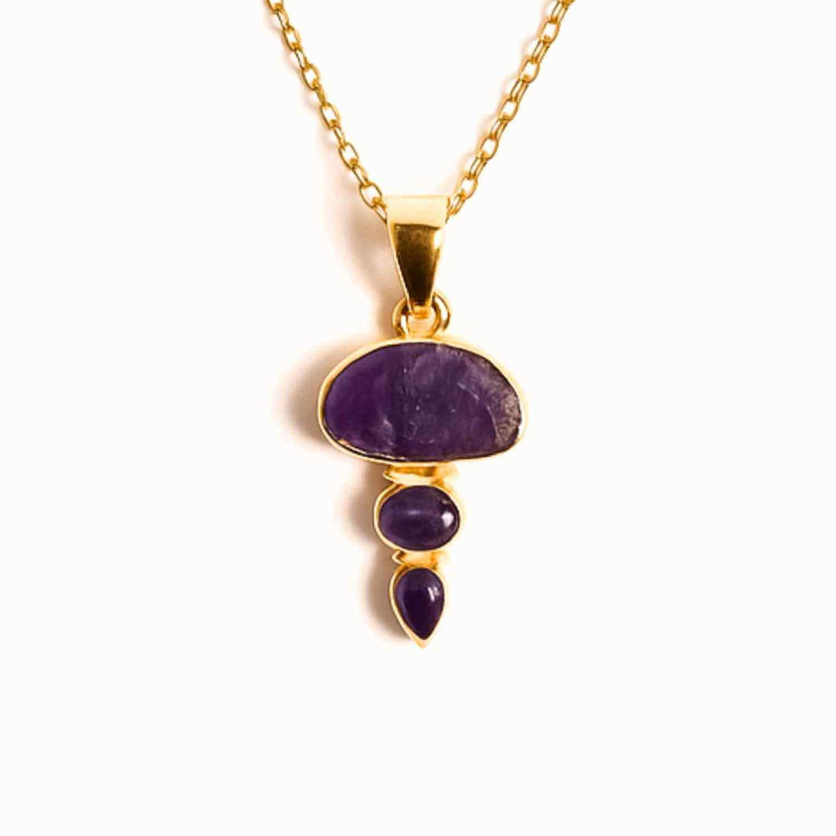 Calm Interior si Claritate Mentala – Colier inox si pandantiv argint 925 placat cu aur de18k si Triplu Ametist