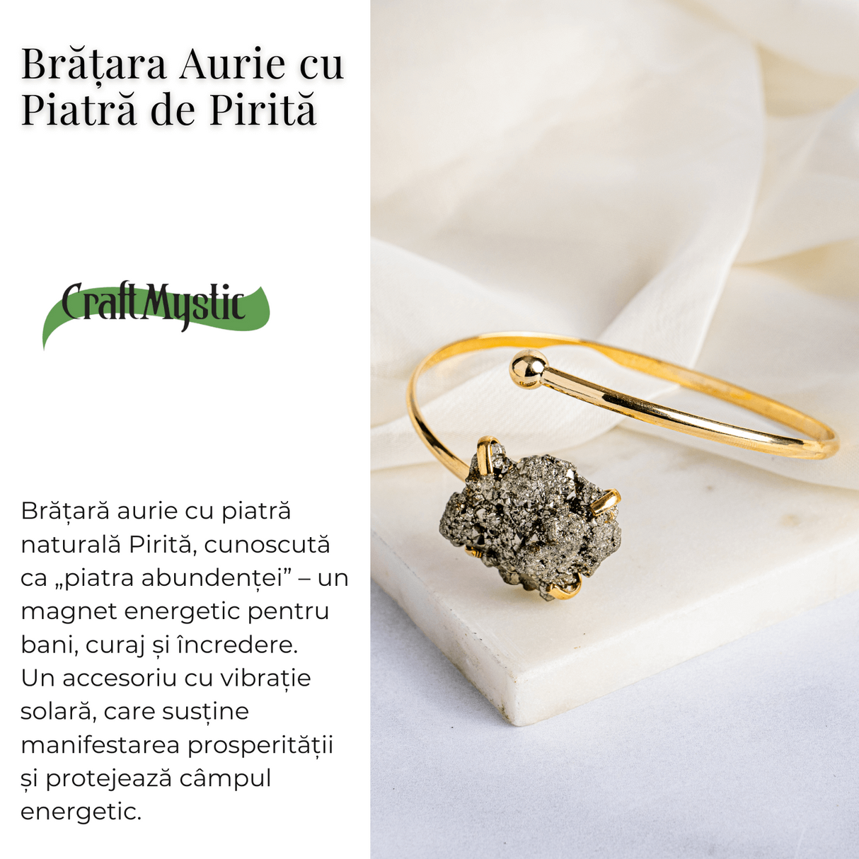 Magnet pentru bani si energie – Bratara aurie cu piatra de pirita