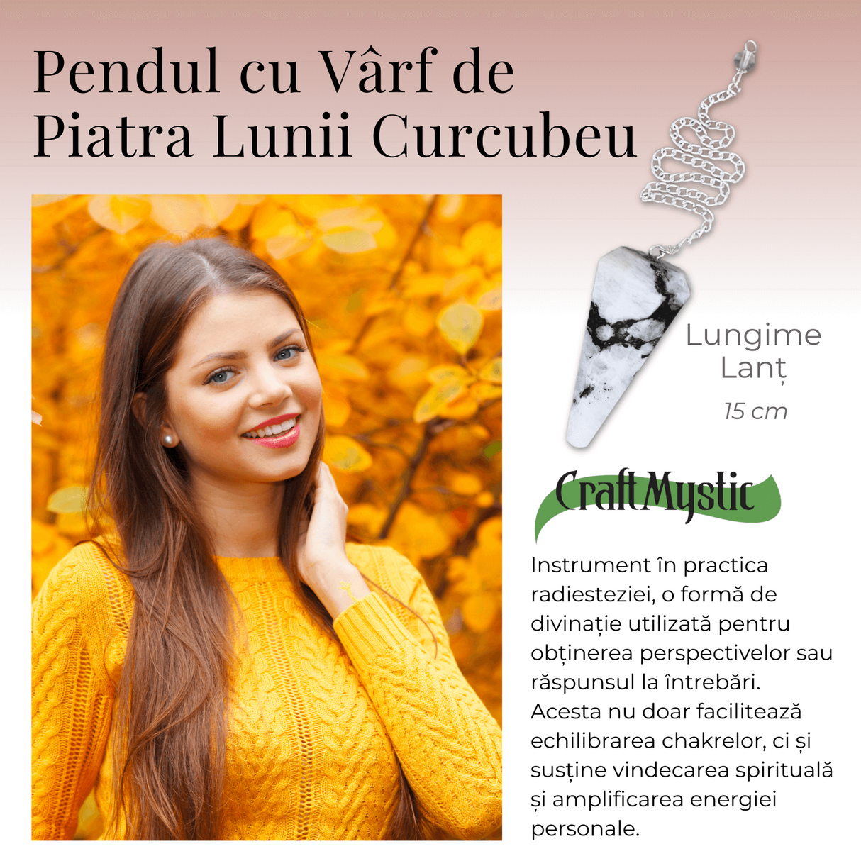 Pendul Radiestezie cu Varf de Piatra Lunii Curcubeu Natural 45 mm