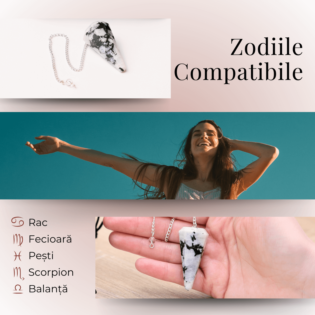 Pendul Radiestezie cu Varf de Piatra Lunii Curcubeu Natural 45 mm