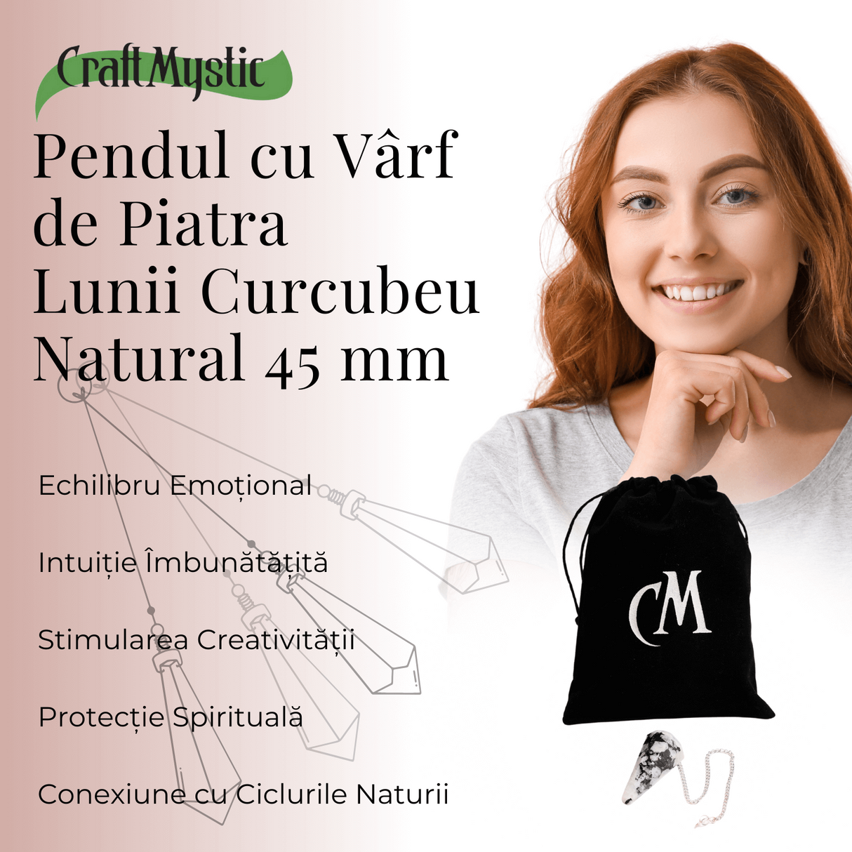 Pendul Radiestezie cu Varf de Piatra Lunii Curcubeu Natural 45 mm