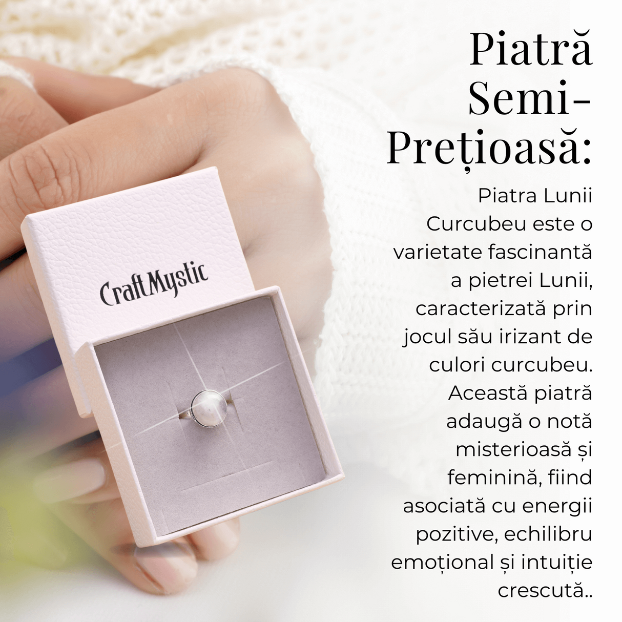 Inel Argintiu Ajustabil cu Piatra Lunii Curcubeu