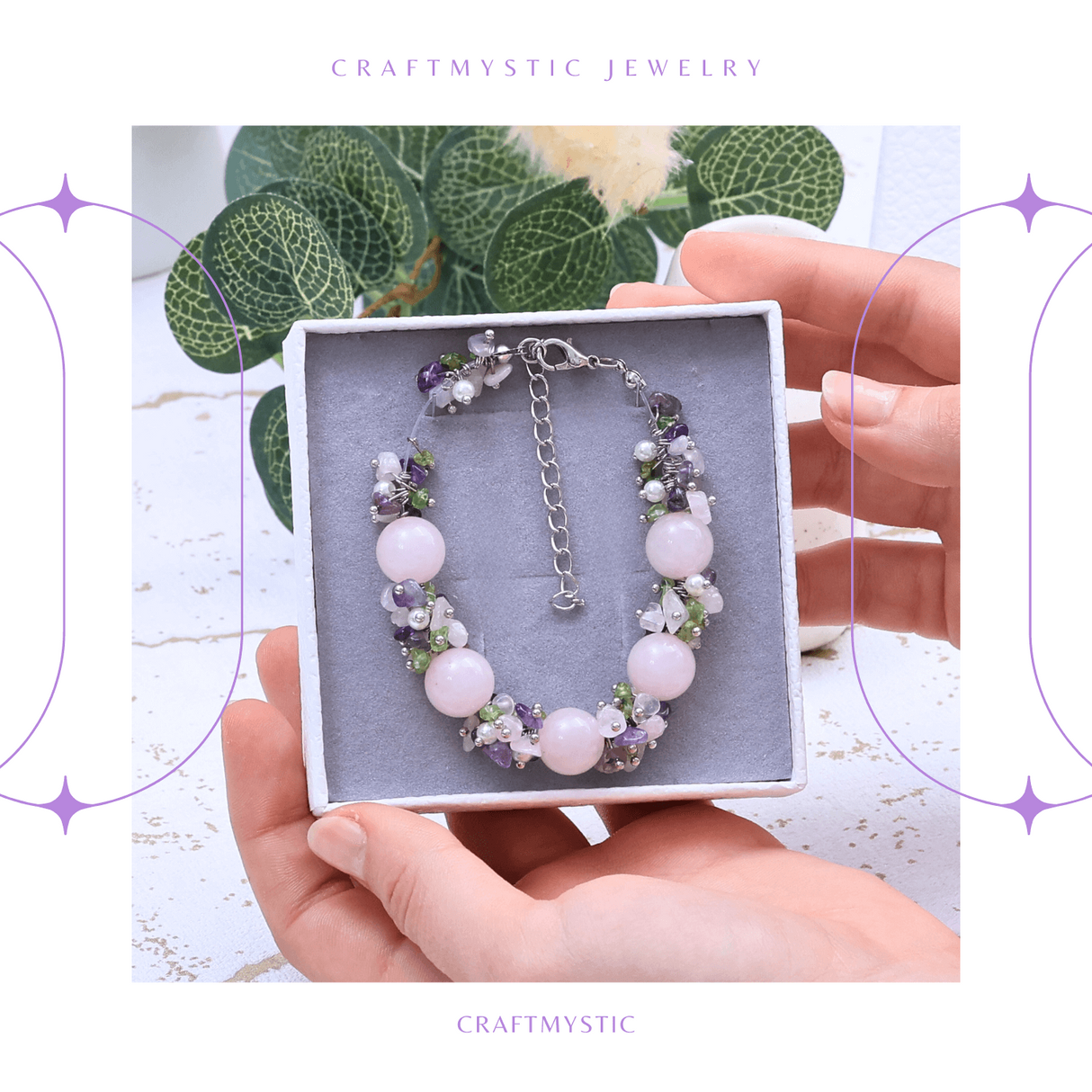 Bratara Ajustabila Cuart Roz 12mm si Pietre Mixte pentru Vindecare