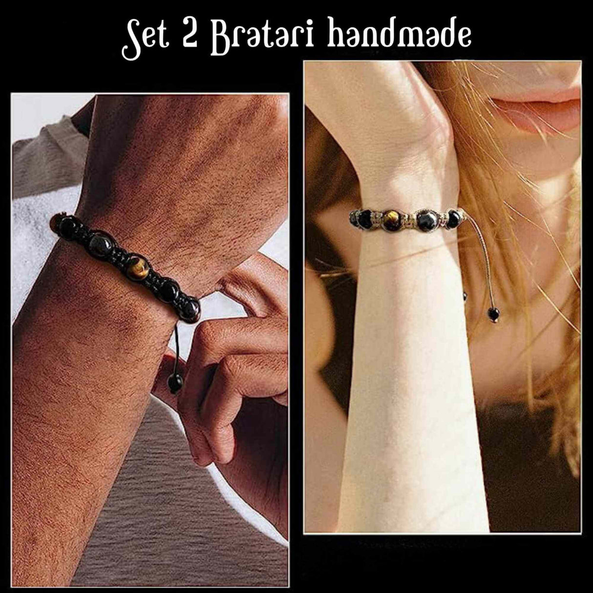 Set 2 bratari cu tripla protectie cu margele 8mm din Ochi de tigru, obsidian negru si hematit - Pentru barbati, femei, copii - Lucrate manual aduc noroc, prosperitate si fericire