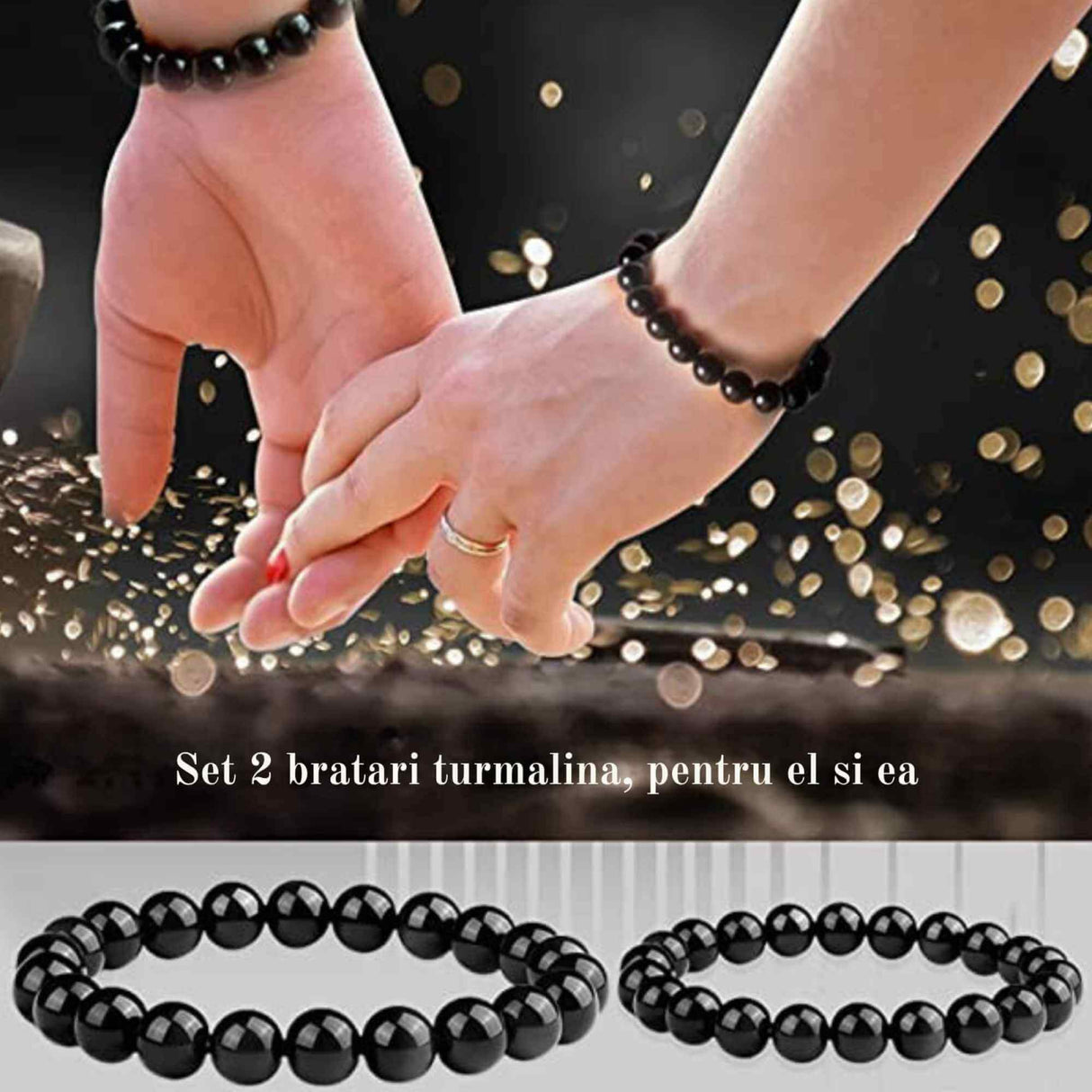 Set 2 bratari din turmalina neagra cu margele de 6 si 8 mm Aduce noroc, pace si dragoste, cadou Feng Shui pentru prieteni, familie