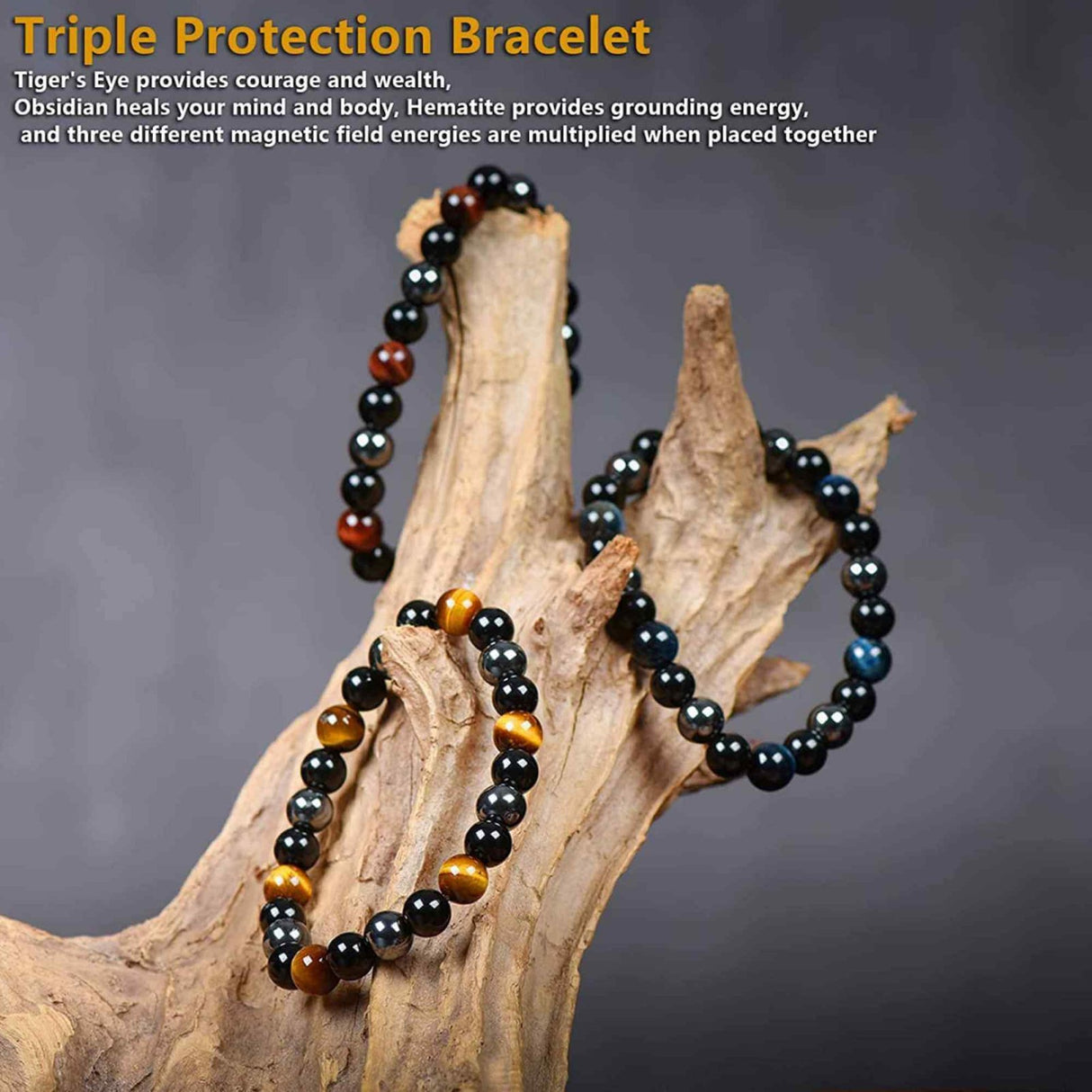 Set 3 Bratari cu Tripla Protectie, Bratara cu Margele de Cristal Vindecator de 8 mm, Bratara din Obsidian Hematit Ochi de Tigru Albastru Rosu pentru Femei si Barbati