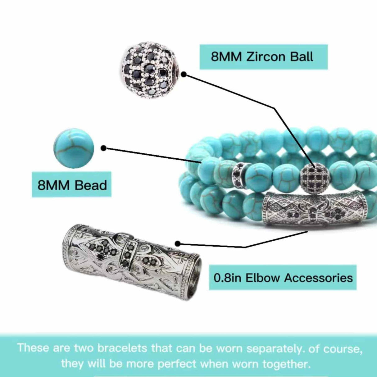 Set 2 Bratari din Turcoaz, Margele de Cristal de Vindecare de 8MM Lucrate Manual, Bratara Ajustabila - Bijuterii din Turcoaz pentru Noroc, Prosperitate si Fericire Simbol al Tineretului si Vitalitatii