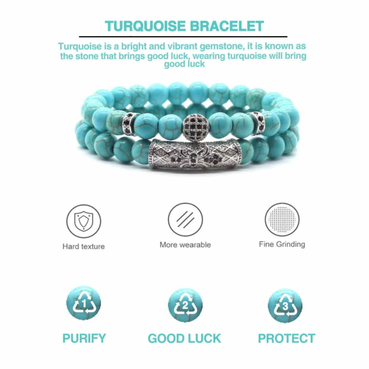 Set 2 Bratari din Turcoaz, Margele de Cristal de Vindecare de 8MM Lucrate Manual, Bratara Ajustabila - Bijuterii din Turcoaz pentru Noroc, Prosperitate si Fericire Simbol al Tineretului si Vitalitatii