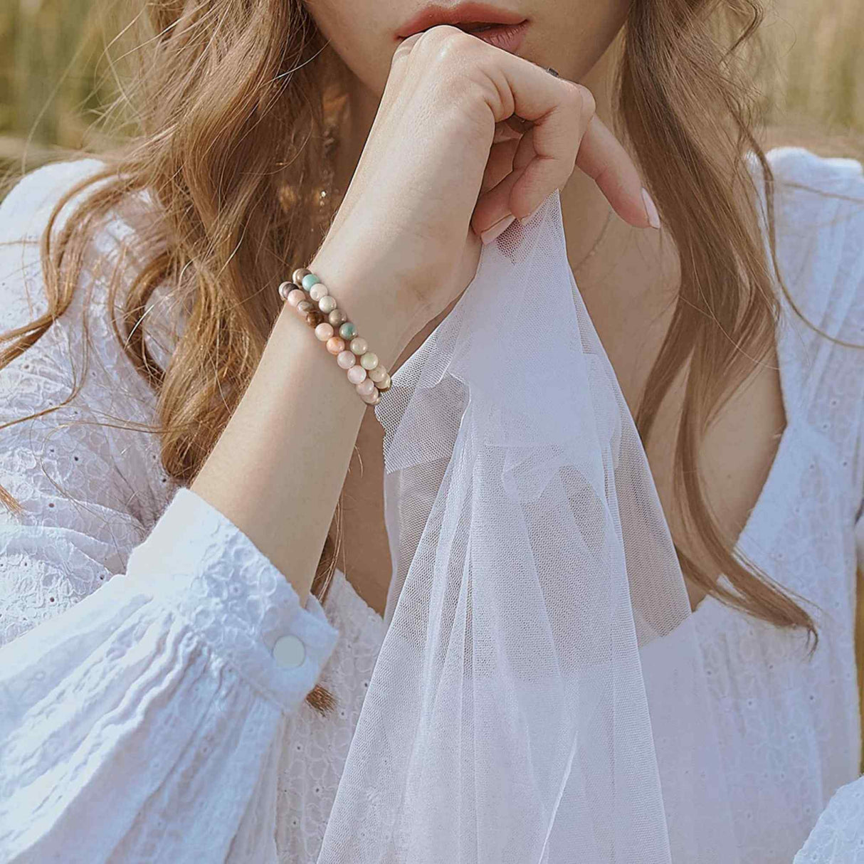 Set 2 bratari elastice cu margele pietre semipretioase de 8 mm din frunza agata de bambus si amazonit