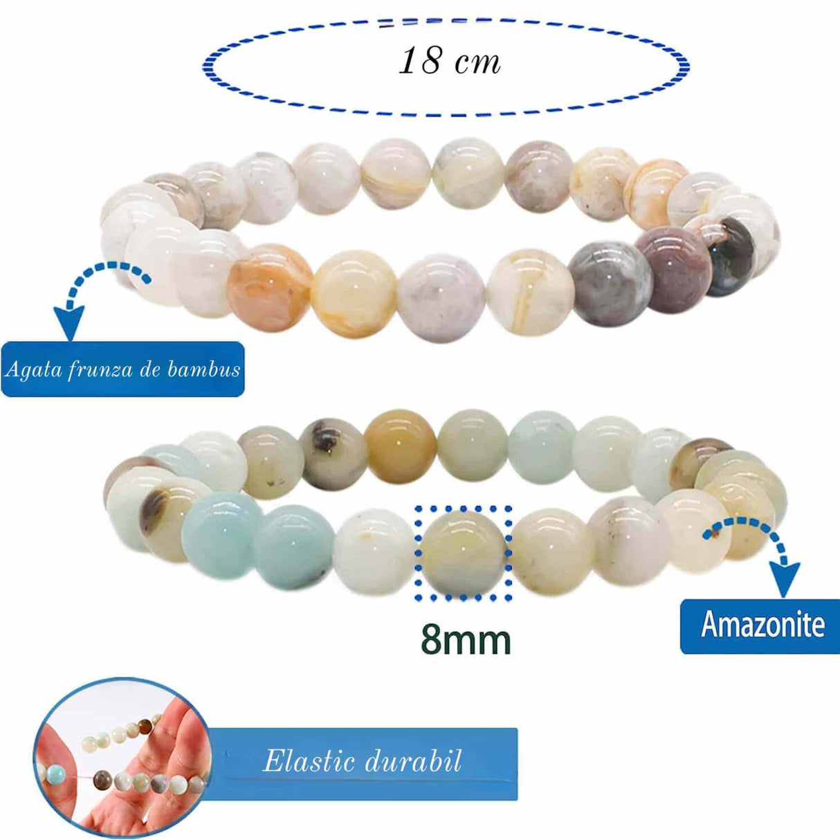 Set 2 bratari elastice cu margele pietre semipretioase de 8 mm din frunza agata de bambus si amazonit